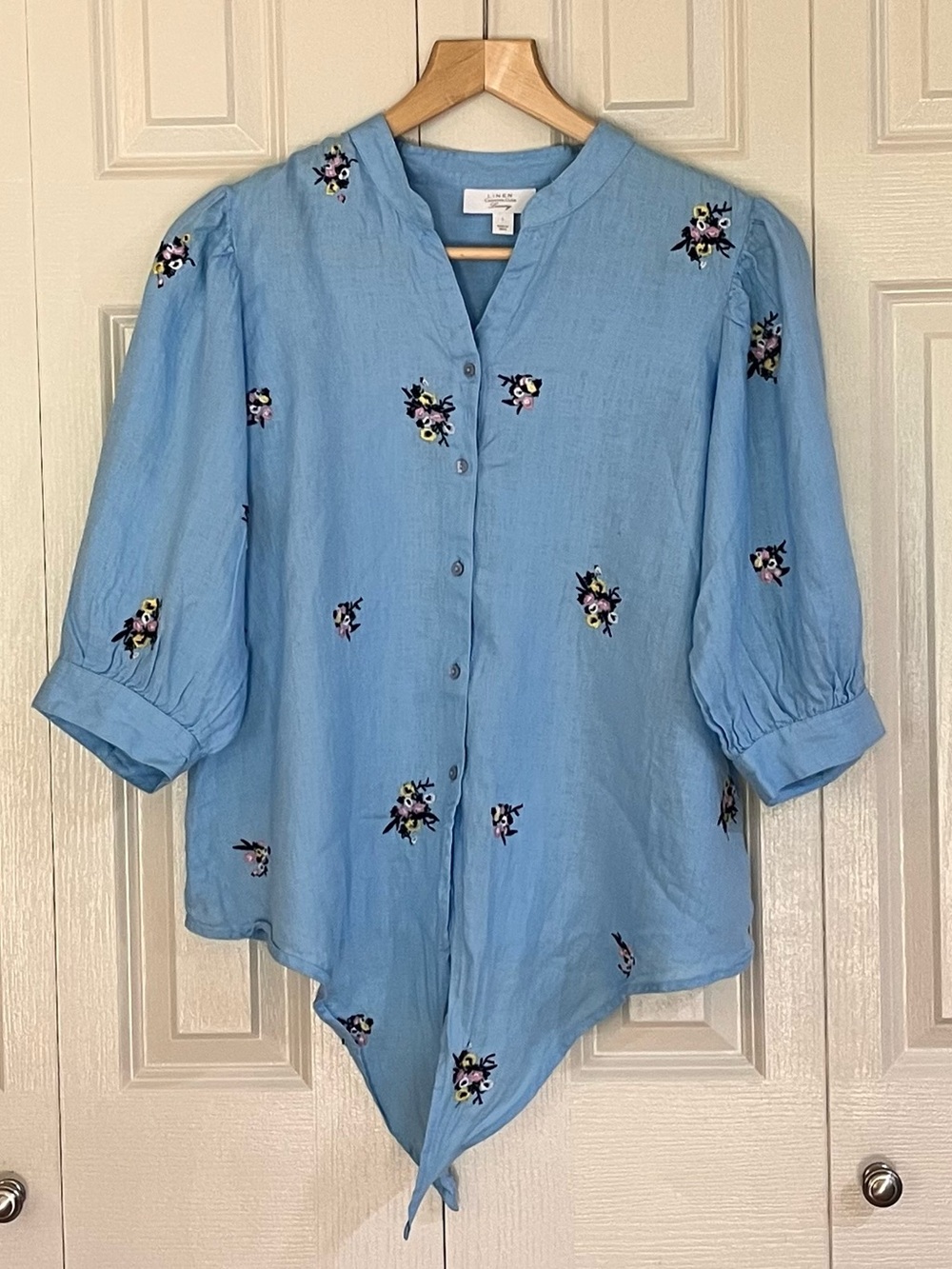 Charter Club Luxury 100% Linen Embroidered Flowers Tie-Front Blouse Size Large